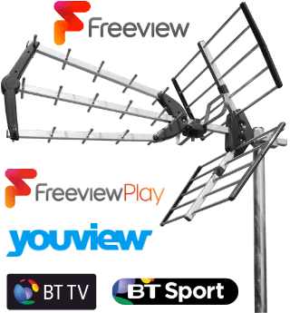 TV Aerial with Freeview, Freeview Play, Youview, BT TV and BT Sport logos